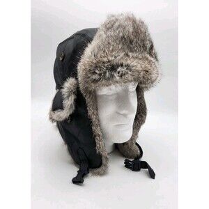 Klondike Sterling Black Glove Faux Leather Trapper Hat Rabbit Fur Unisex Adult M